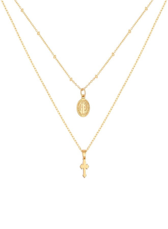SOFYBJA Dainty Tiny 18K Gold St Benedict Medals Layered Cross Necklace for Women Delicate Simple Cute Coin Pendant Statement Double Layering Chain Necklaces Evil Protection Religious Jewelry Catholic Gifts - Image 1